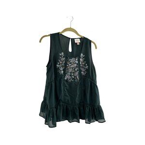 Knox Rose Green Sleeveless Embroidered Ruffle Hem Blouse Womens L Boho Fairy